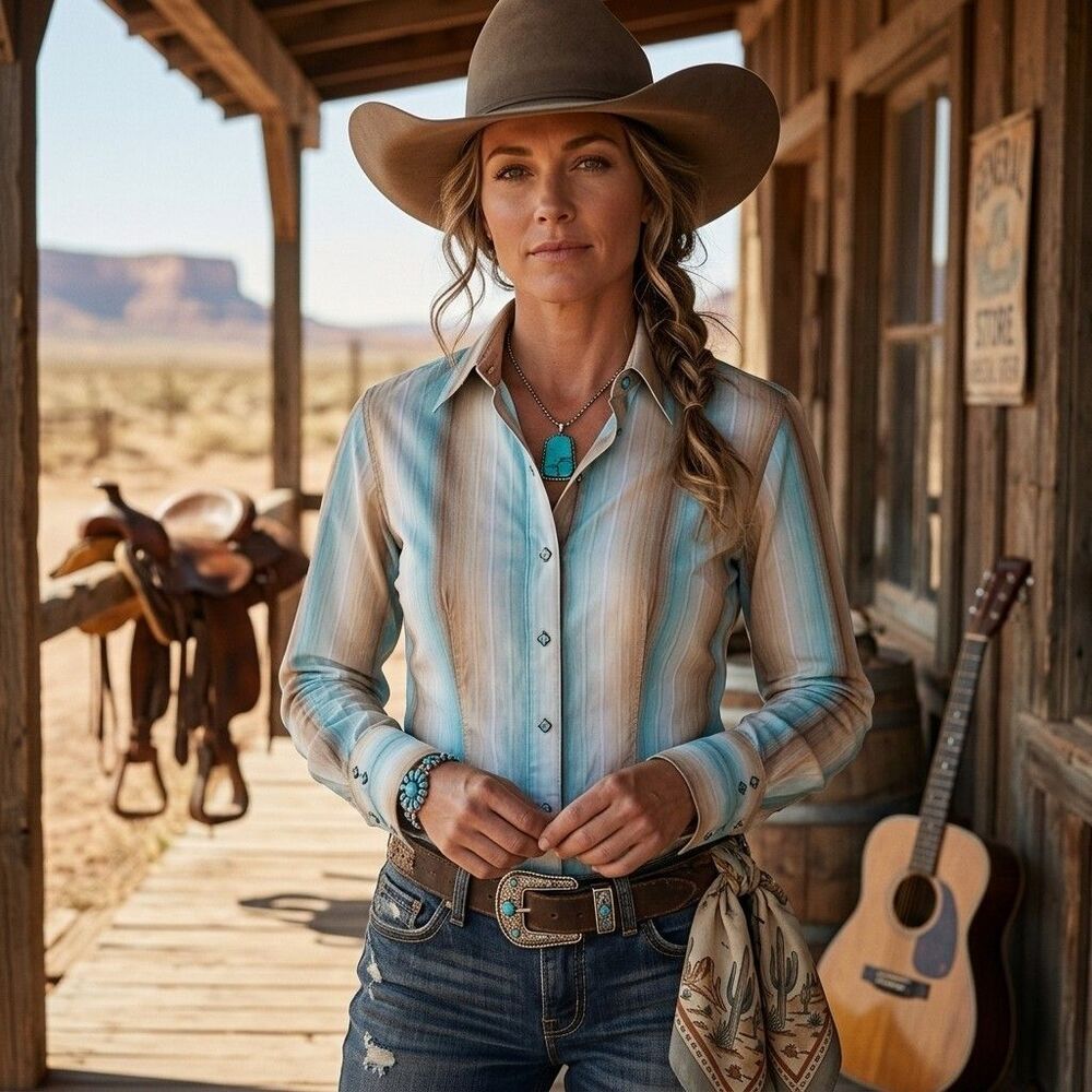 Panhandle Slim Stripe Western Shirt Women XS Diamond Pearl Snap Turquoise  Rodeo - Picture 3 of 15